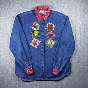 Vintage Denim Christmas Button Up Shirt Blue Embroidery Cottage Grandma Womens S